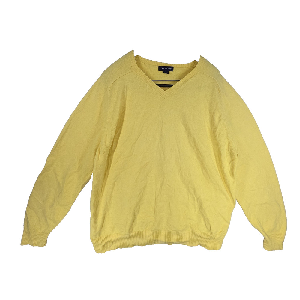 Vtg Lands End Mens Sweater XXL Yellow Cotton Cashmere y2k Grandpa Preppy Cold